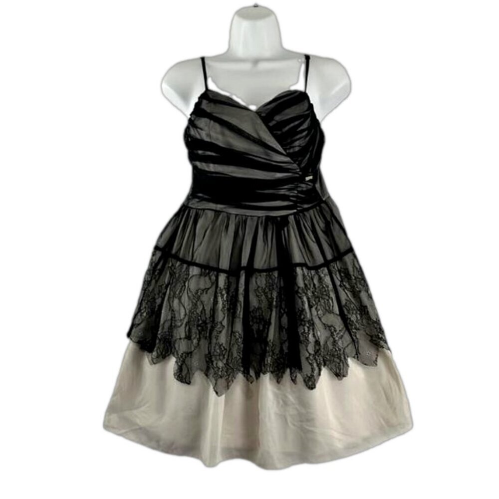 Rina Scimento Italian-Made Beige Mini Dress w/ Black Mesh Overlay